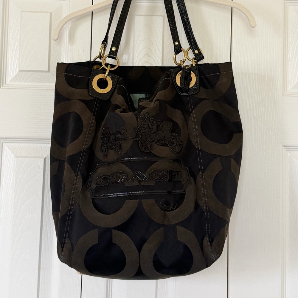 Vintage Coach Brown and Black Signature Circle Tote
